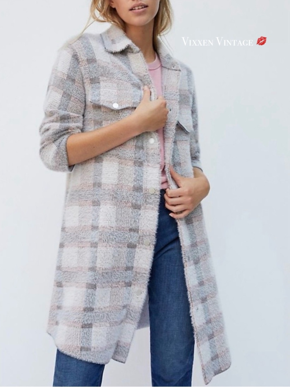 PILCRO PLAID 'ELIZA EYELASH SWEATER JACKET' IN GRAY/PINK COMBO